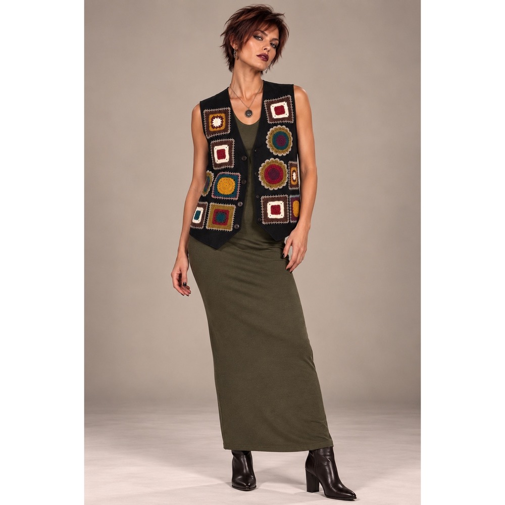 Erez Levy Vintage Leather Crochet Granny Square Vest Medium